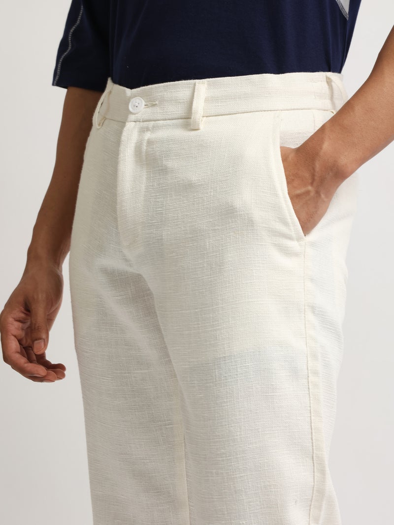 Maniac Mens Solid White Elastic Linen Cotton Blend Trouser - Image 4